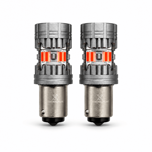 Pair of red BAY15D P21/5W 380 CANBUS LED stop-and-tail bulbs shown upright