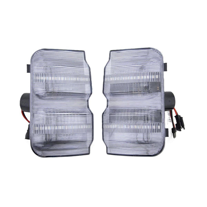 Pair of clear-lens sequential LED wing-mirror indicator units for Citroen Relay MK2, shown from the front