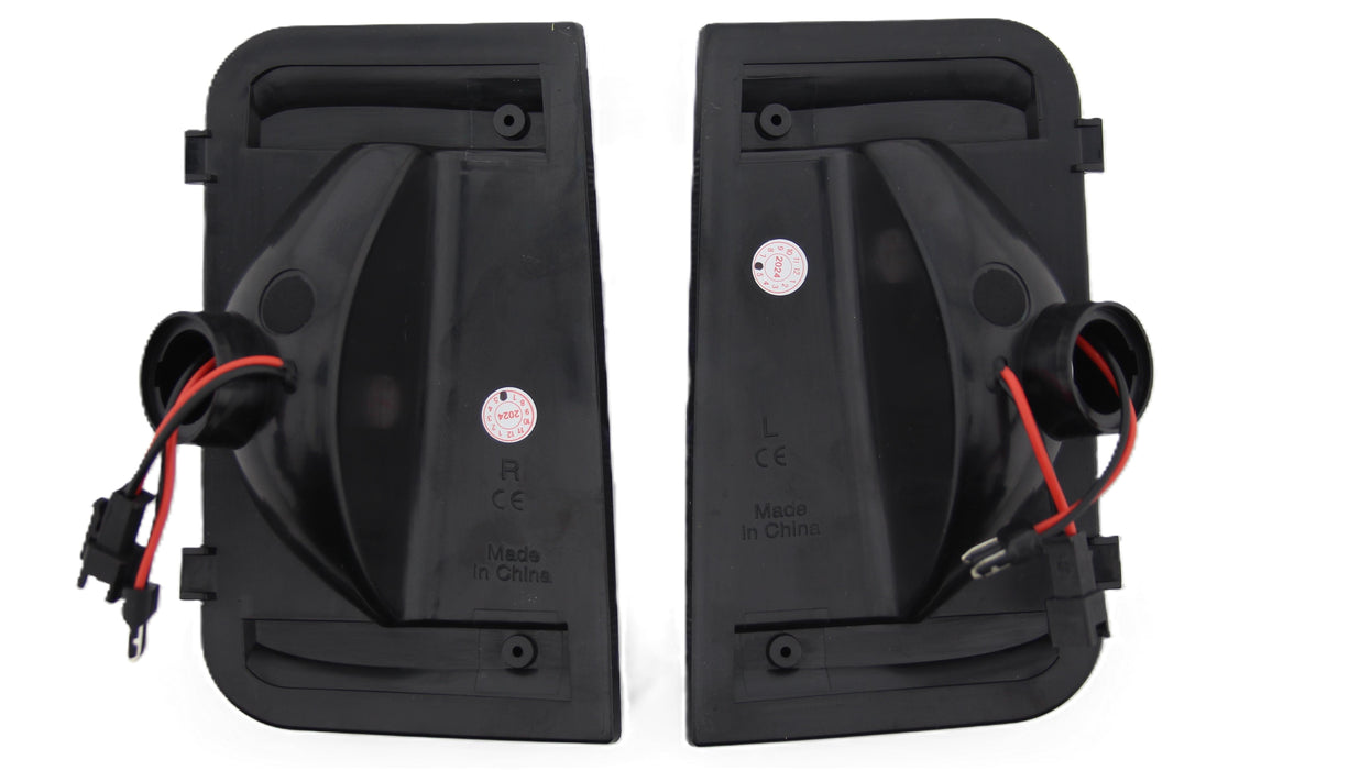 Rear view of Citroen Relay MK2 sequential LED mirror indicator housings with wiring and plug connectors
