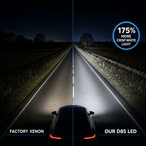 D8S xenon vs D8S LED headlight beam comparison on a road at night