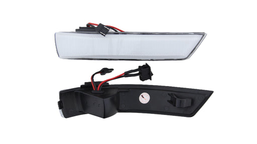 Clear LED mirror indicator showing the front lens, rear housing, wiring, plug connector and mode switch