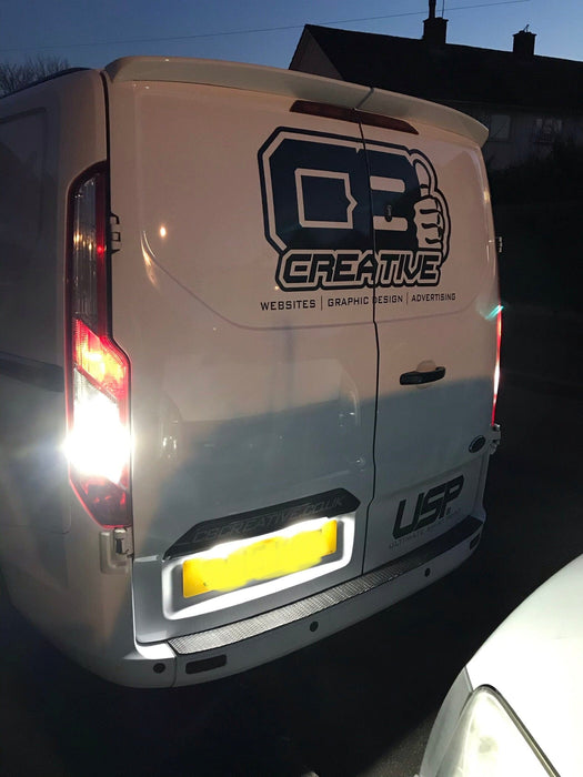 Ford Transit Custom rear doors and registration plate illuminated by white LED lights