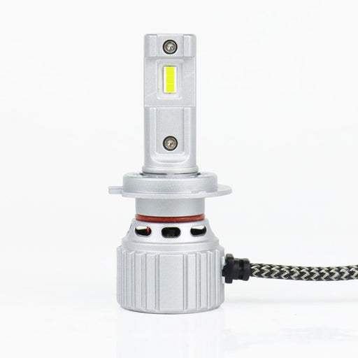 Single H7 X2S LED headlight bulb showing the LED chip, adjustable base and finned heatsink