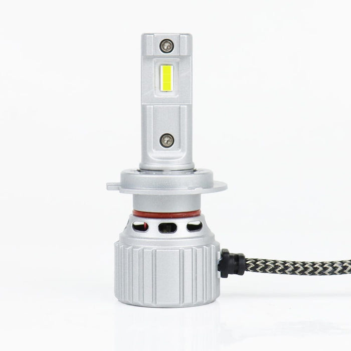 Single H7 X2S LED headlight bulb showing the LED chip, adjustable base and finned heatsink