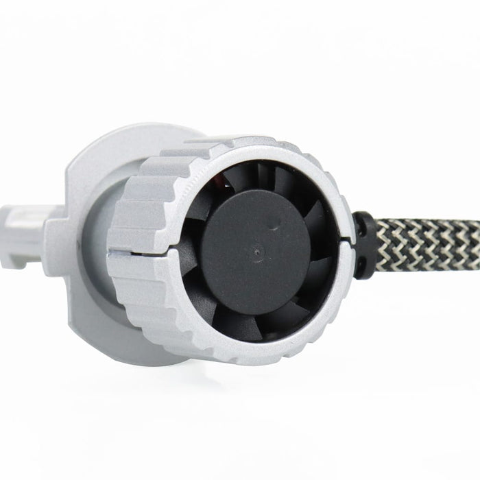 Rear cooling fan and braided power cable on an H7 X2S LED headlight bulb
