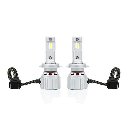Pair of H7 X2S LED headlight bulbs with braided cables and plug connectors