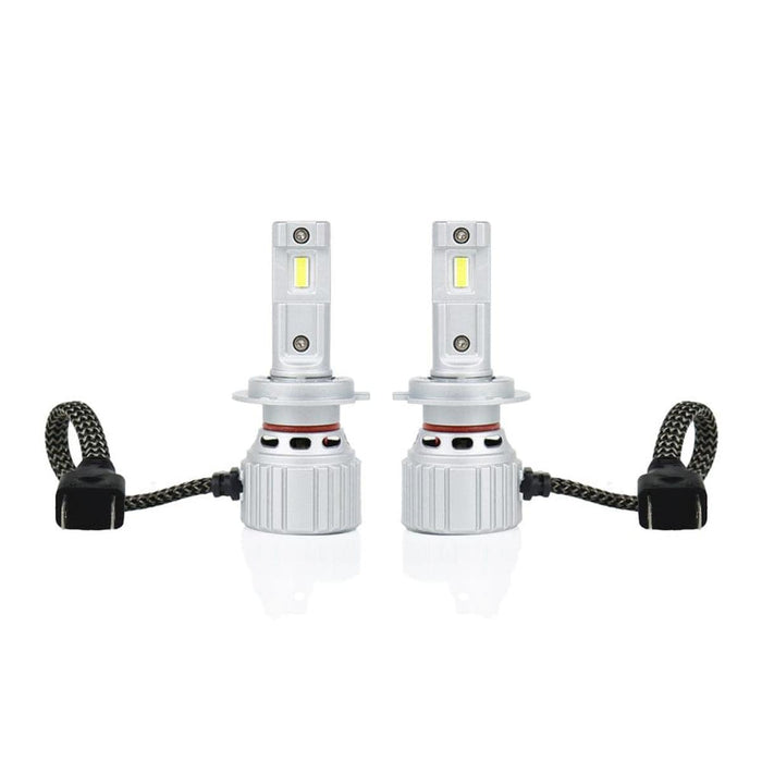 Pair of H7 X2S LED headlight bulbs with braided cables and plug connectors