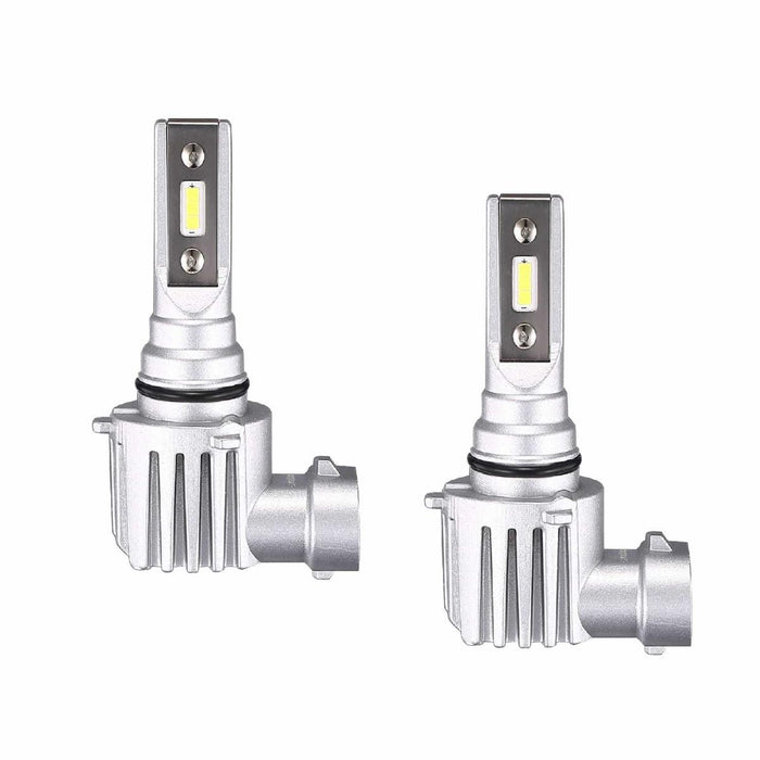 Pair of HB3 9005 fanless LED headlight conversion bulbs with LED chips and aluminium heatsinks