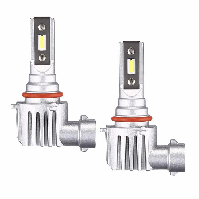 Pair of HB4 9006 fanless LED headlight conversion bulbs with LED chips, red seals and aluminium heatsinks