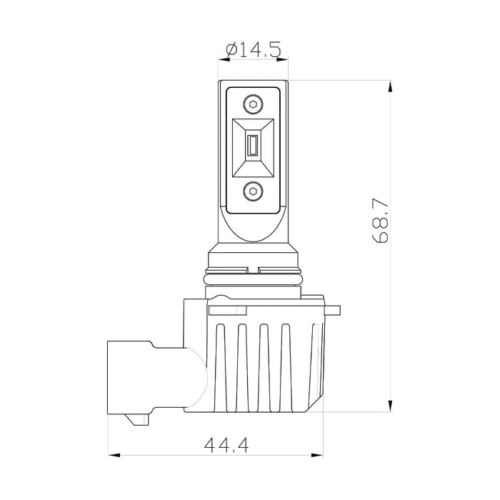 HB4 9006 LED headlight bulb dimension diagram showing 68.7 mm height, 44.4 mm base and 14.5 mm shaft