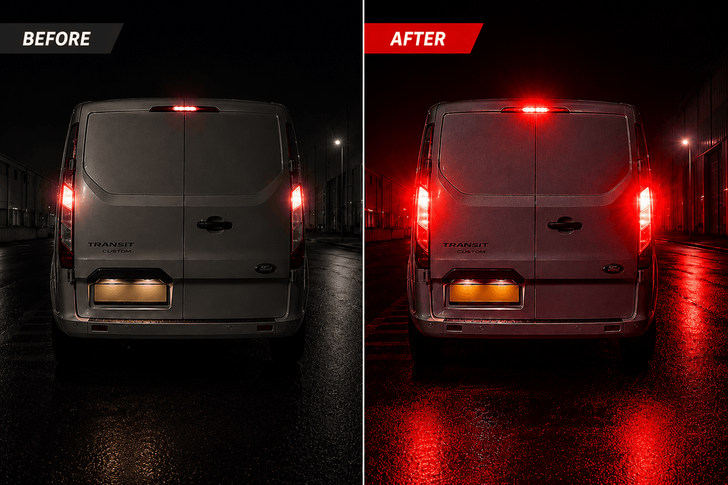 Ford Transit Custom rear lights before and after fitting red BAY15D LED stop-and-tail bulbs