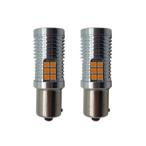 Pair of 45W BAU15S PY21W amber CANBUS LED indicator bulbs for Ford Transit Custom 2012-2018 with finned aluminium housings