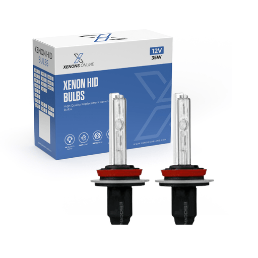 Pair of H11 Xenon HID replacement bulbs displayed with Xenons Online retail packaging