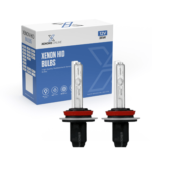 Pair of H11 Xenon HID replacement bulbs displayed with Xenons Online retail packaging